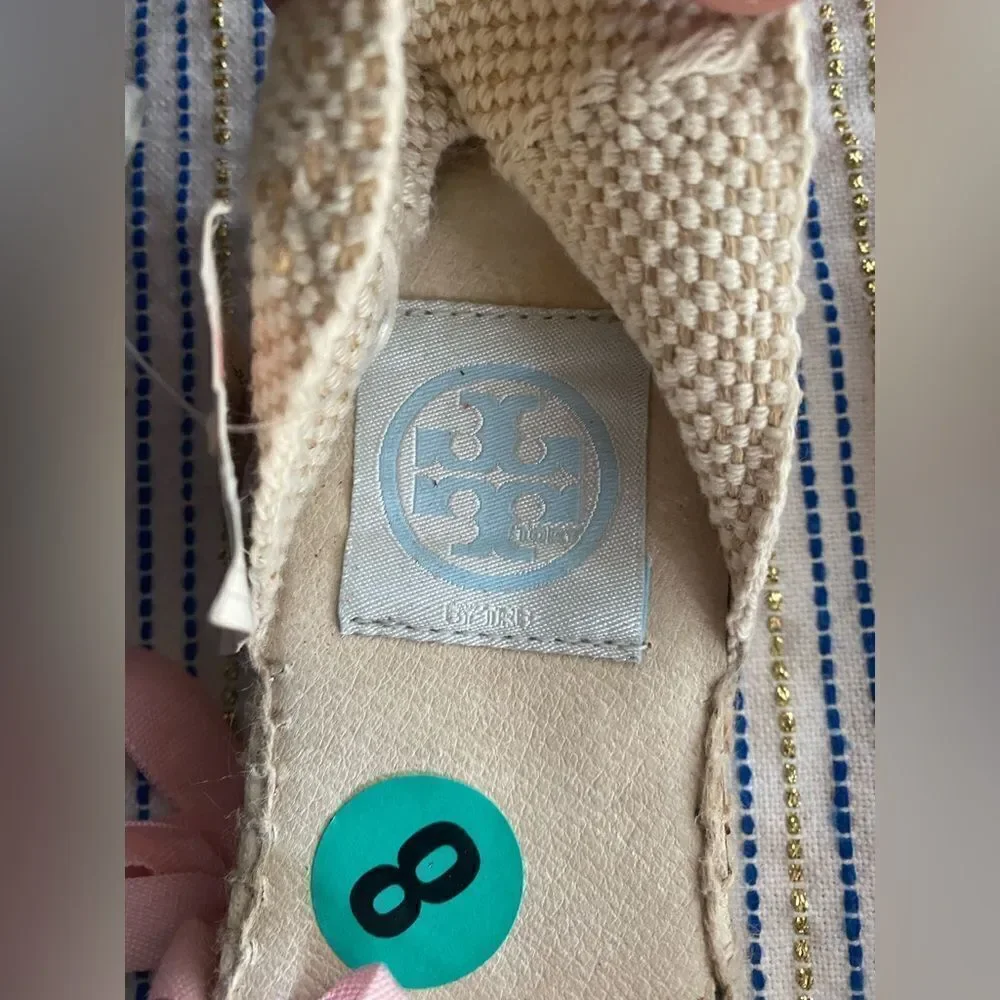 Tory Burch Womens Espadrilles size 8 Navy /pink Ankle Wrap Woven Natural NEW